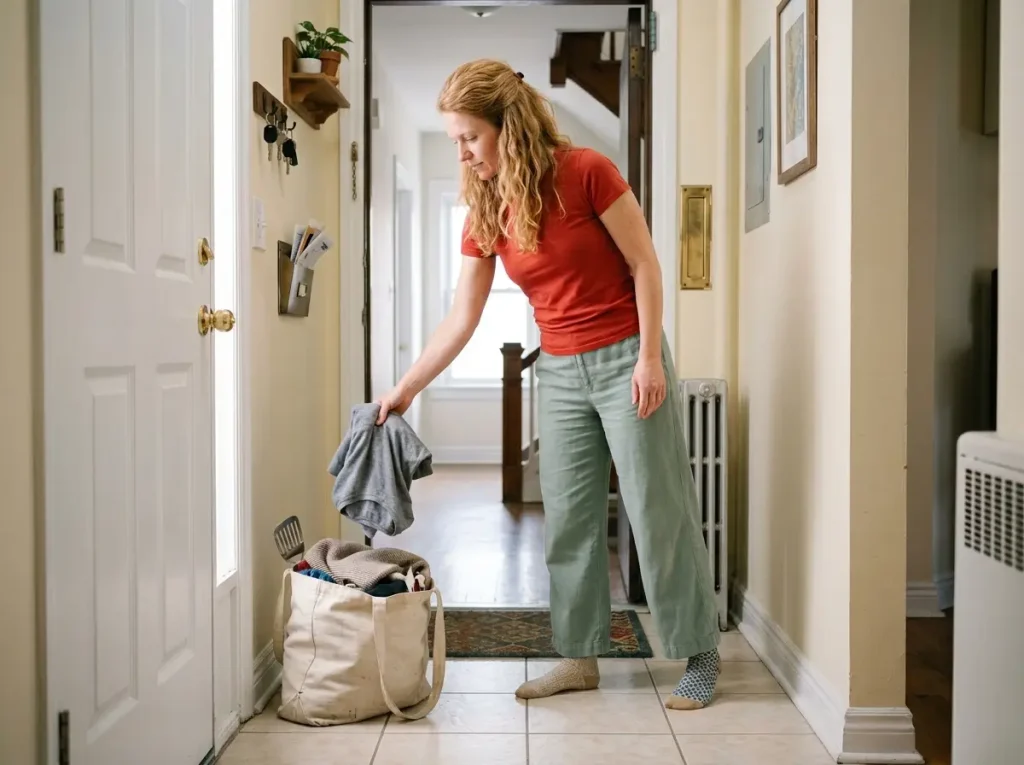 German American woman in apartment entryway dropping a shirt into an open canvas donation tote positioned near the front door