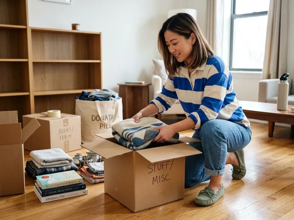 8 Minimalist Decluttering Tips That Actually Stick 5 Chinese American woman kneeling beside open cardboard boxes in living room, mid-packing-party session