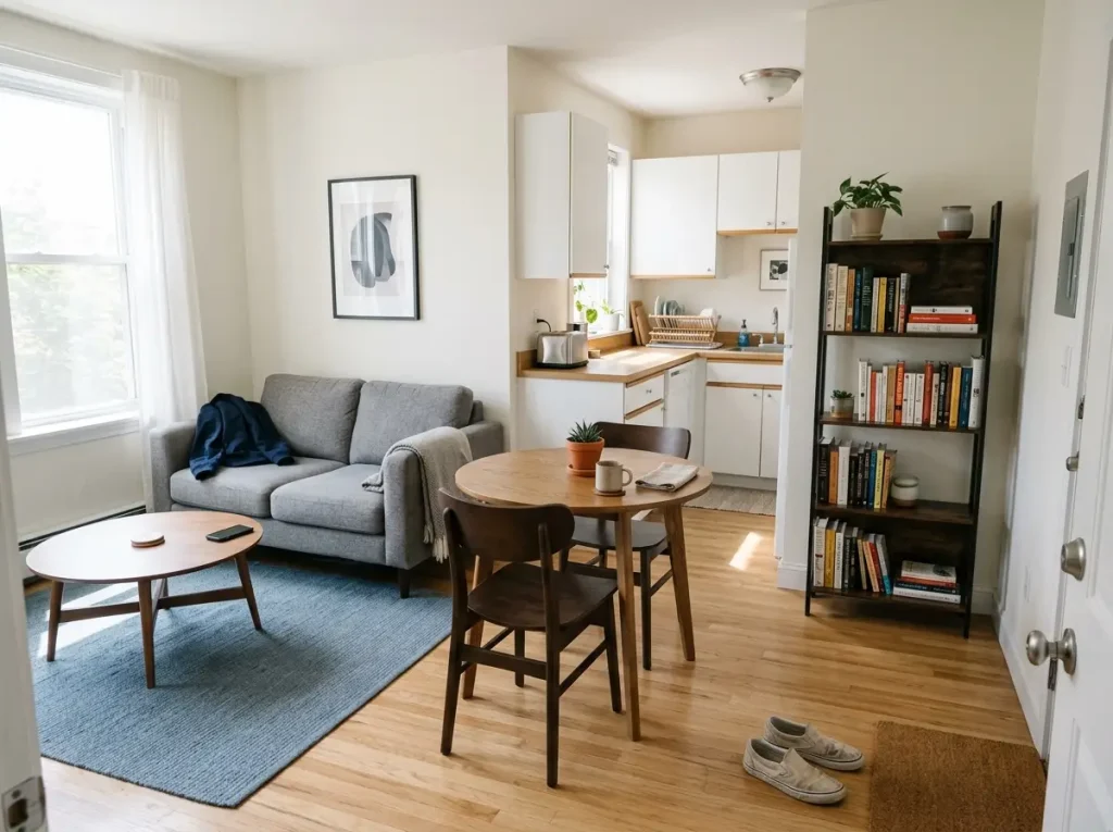 8 Minimalist Decluttering Tips That Actually Stick 6 Small studio apartment with clear floor space, minimal furniture, a bookshelf with breathing room and natural light