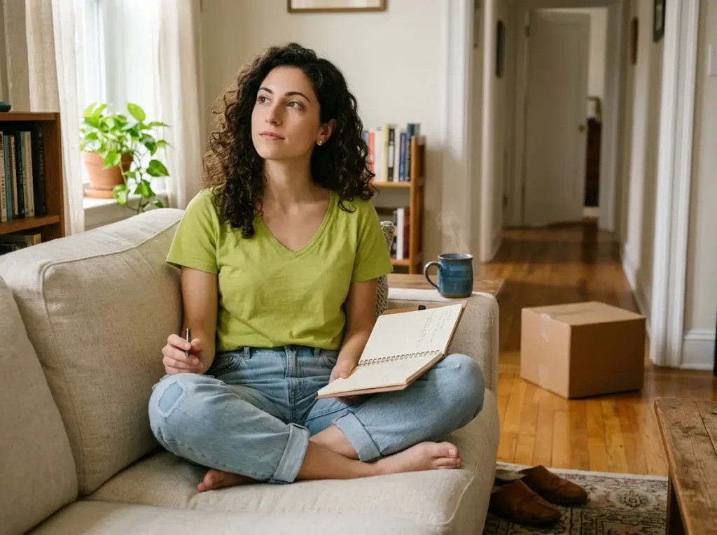 8 Minimalist Decluttering Tips That Actually Stick 2 Italian American woman sitting cross-legged on a couch, notebook open, writing her decluttering intention before starting