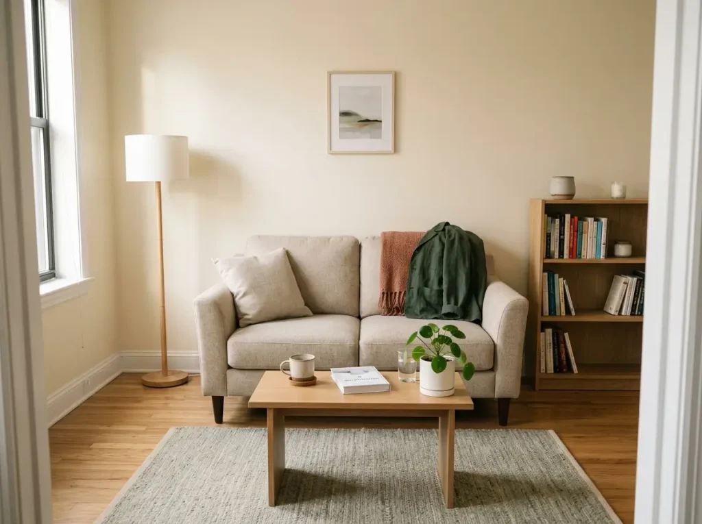 Minimalist apartment living room with breathing room, a few intentional items, and clear floor space