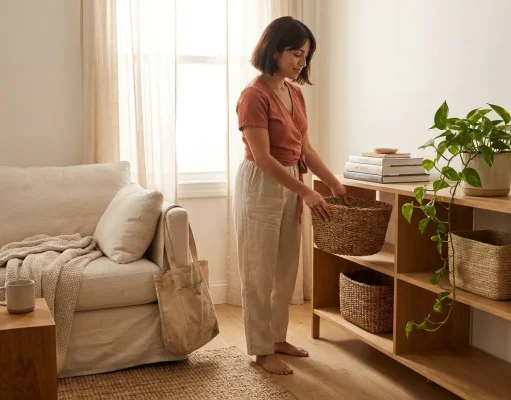 Minimalist Home Organization Without the Bin Trap Woman setting up minimalist home organization on open shelving with a few woven baskets in a bright living space