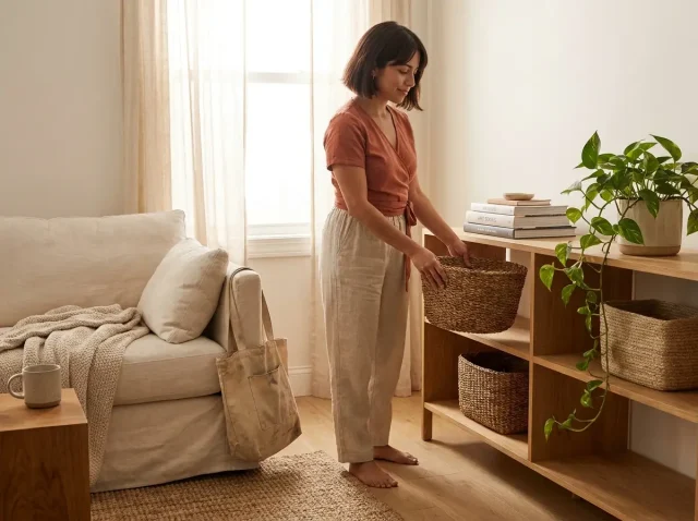 Woman setting up minimalist home organization on open shelving with a few woven baskets in a bright living space
