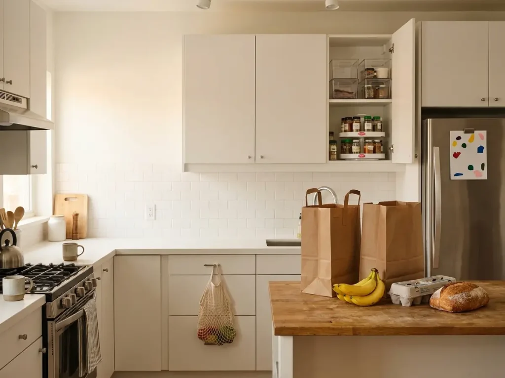 Organized minimalist kitchen with a clear staging zone for groceries on a butcher-block counter