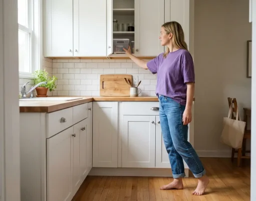 Why Minimalist Kitchen Organization Won’t Stick Woman in a minimalist kitchen reaching into an organized cabinet with clear counters