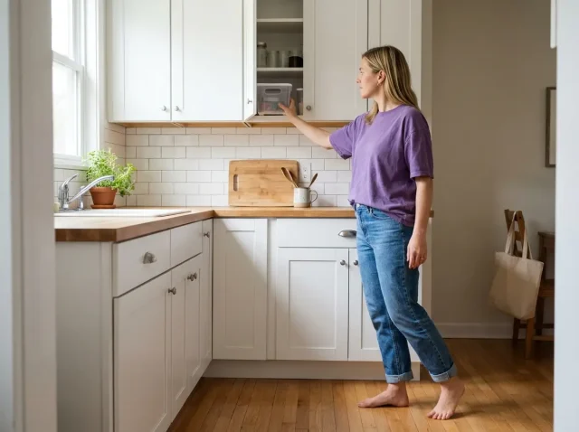 Woman in a minimalist kitchen reaching into an organized cabinet with clear counters