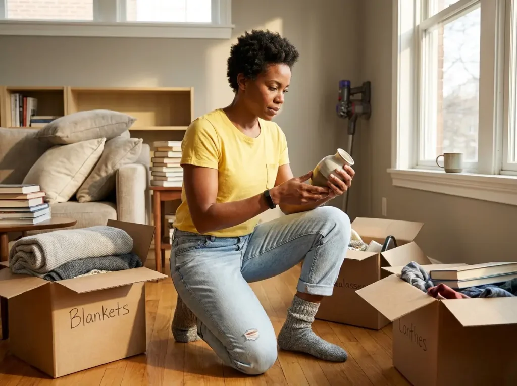 Woman sorting living room items into keep relocate and donate boxes during a declutter