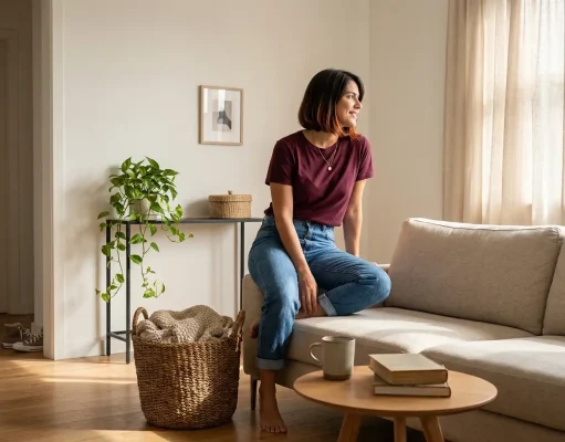 Why Your Minimalist Living Room Never Stays Tidy Woman relaxing in a calm minimalist living room with hidden storage and clear surfaces