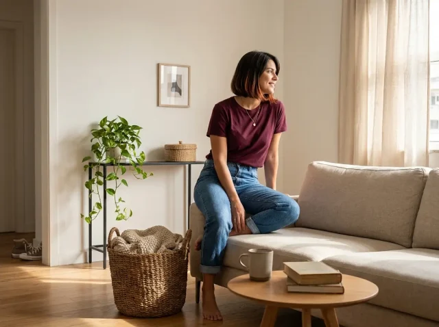 Woman relaxing in a calm minimalist living room with hidden storage and clear surfaces