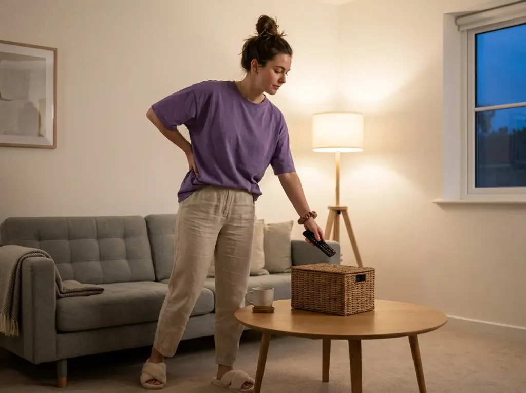 Woman doing a quick evening reset tidying the coffee table in a minimalist living room