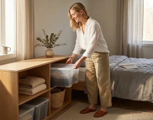 Why Minimalist Organization Fails in Three Months Woman resetting a calm minimalist bedroom shelf with open storage and a few clear bins