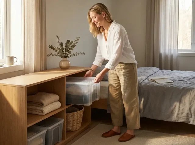 Woman resetting a calm minimalist bedroom shelf with open storage and a few clear bins
