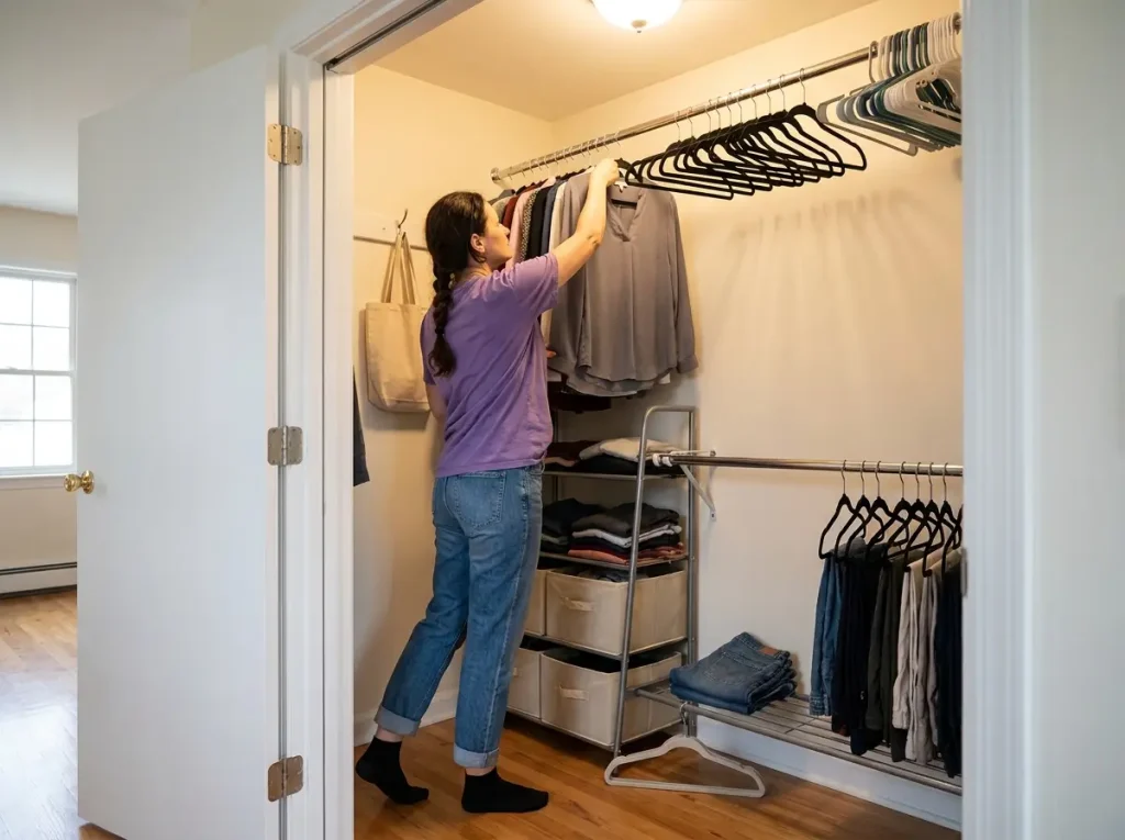 Woman hanging clothes on slim velvet hangers in a rental closet with no-drill storage
