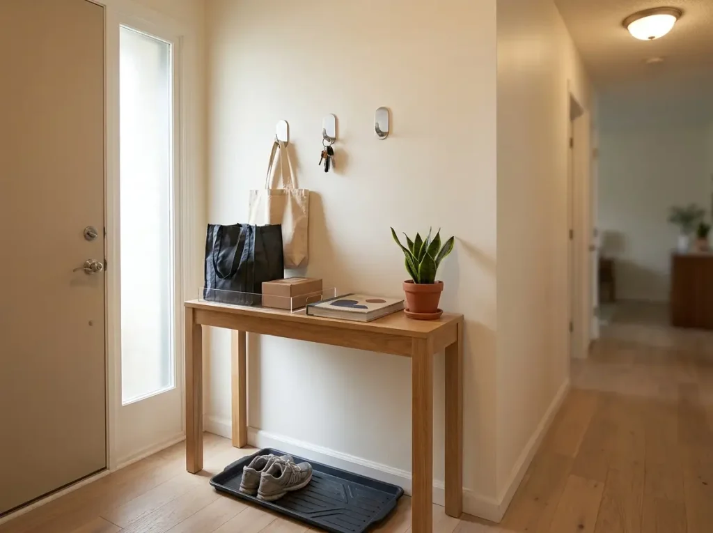 Clear outbox tray and wall hooks by the front door as a minimalist gatekeeping system