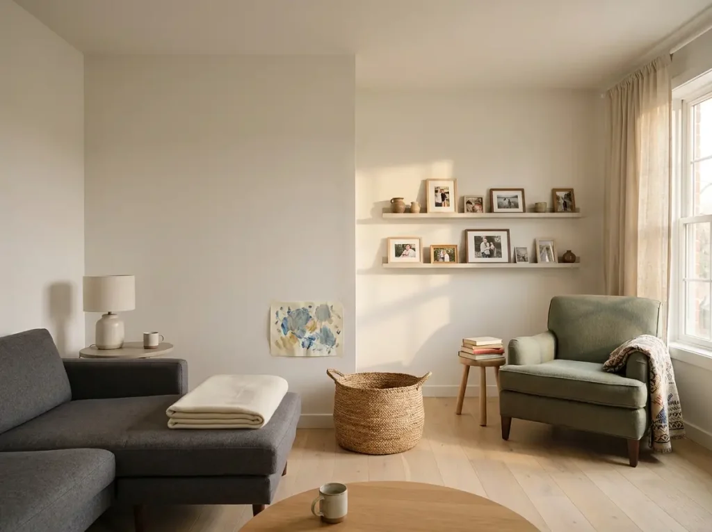 Shared living room with a minimalist zone and a more personal zone side by side