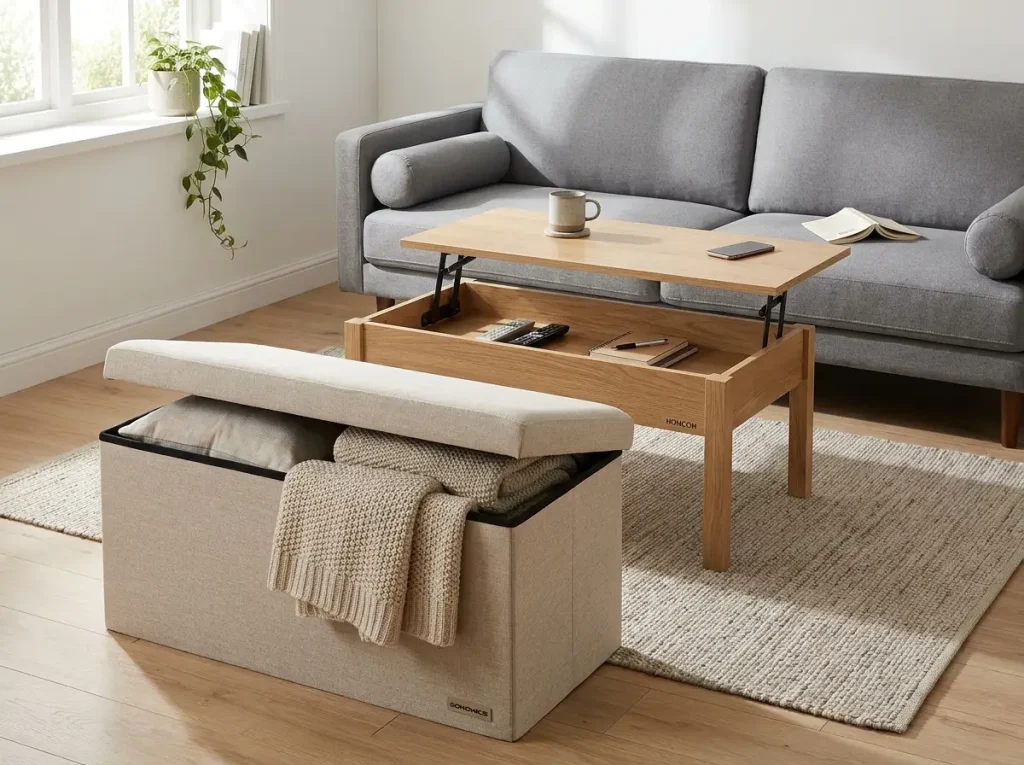 Minimalist living room with a linen storage ottoman and lift-top coffee table for hidden storage