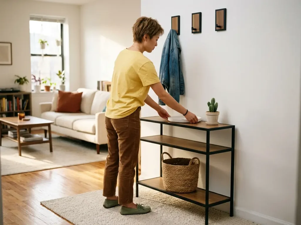 Why Your Open Floor Plan Entryway Keeps Falling Apart 3 Woman placing key tray on narrow console table in open floor plan apartment entryway with coat hooks on wall