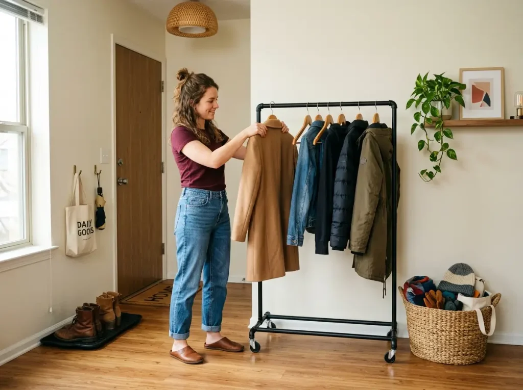 Woman placing a coat on a freestanding rolling rack with a seagrass accessory basket in a small entryway