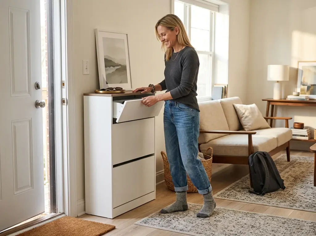 9 Entryway Shoe Storage Ideas That Stop the Pile 4 Woman closing a slim white shoe cabinet where an apartment door opens into the living room