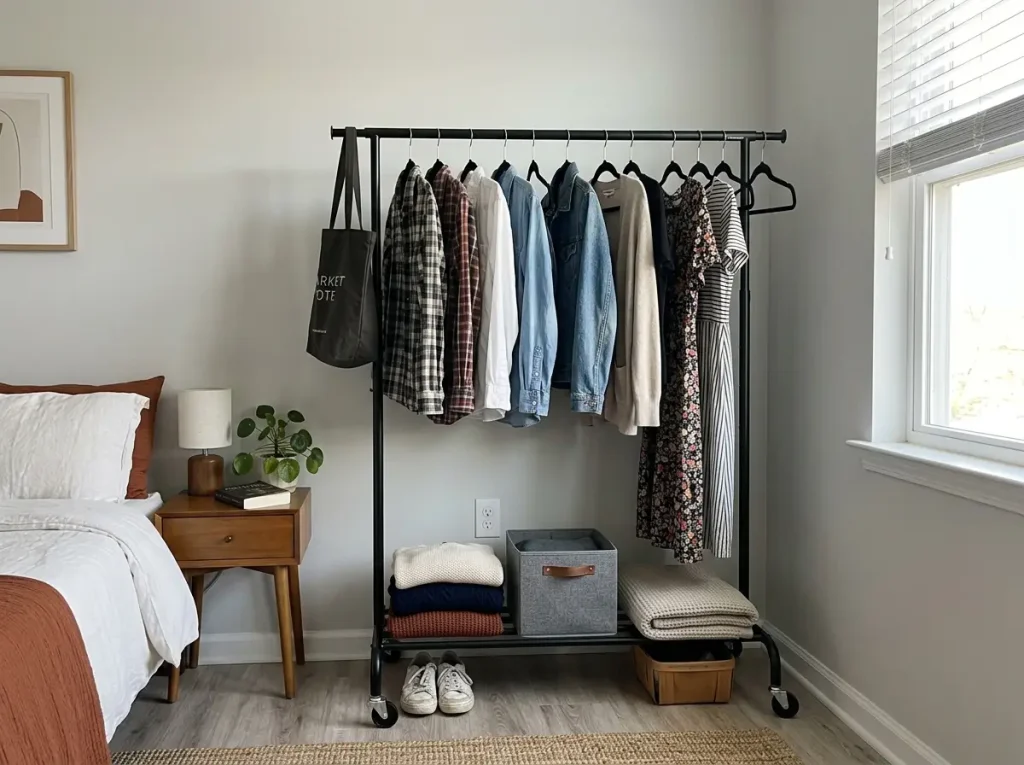 How to Organize Clothes With or Without a Closet 5 Freestanding rolling garment rack used as a closet in a small no-closet bedroom