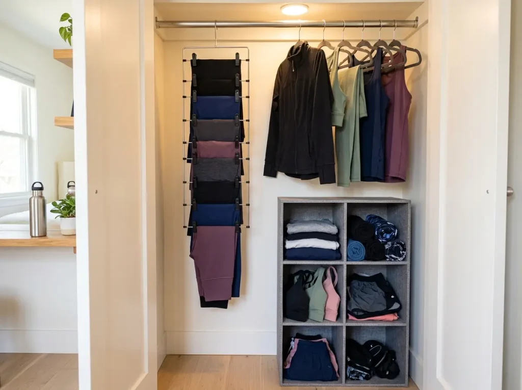 Multi-clip legging hanger full of leggings on a closet rod beside a freestanding cube organizer