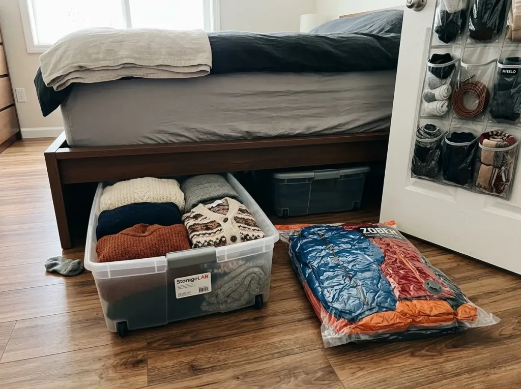 How to Organize Clothes With or Without a Closet 7 Under-bed rolling bins and vacuum bags storing off-season clothes beside a bed