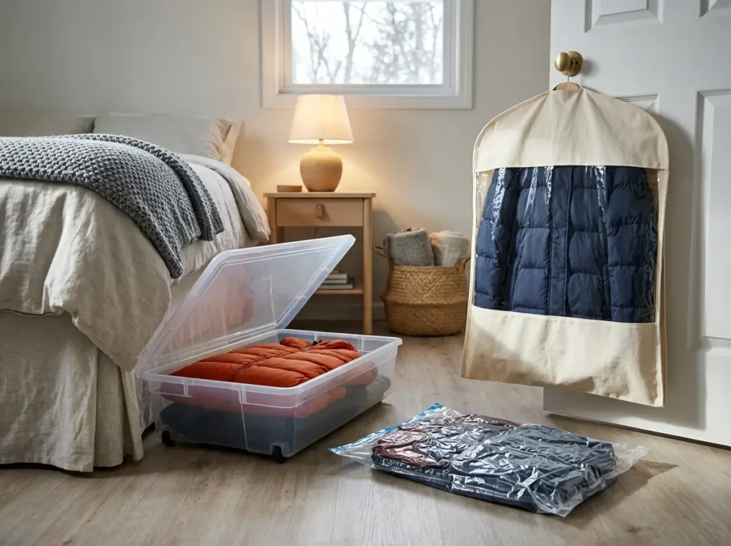 Under-bed rolling bins and a breathable garment bag for off-season winter coat storage in a small bedroom