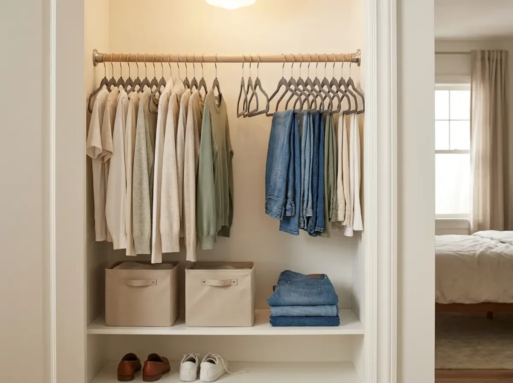 Closet rod with hangers turned backward, the one-in-one-out wardrobe audit trick for minimalist organization