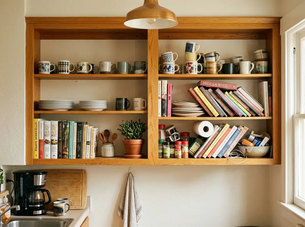 Why the One-In-One-Out Rule Stops Working by Month 3 1 Side-by-side comparison of an organized shelf at baseline and an overstuffed shelf above capacity