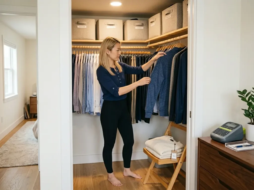Woman choosing an item to remove from a full closet rod under the one-in-one-out rule