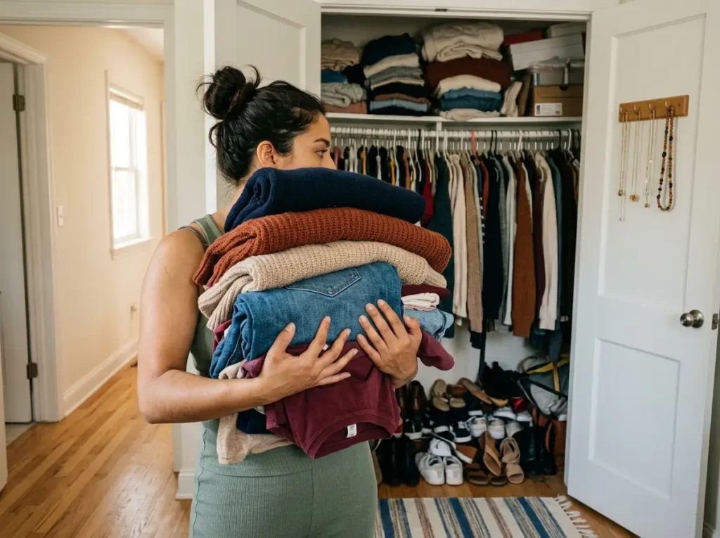 Hands holding a large folded pile of clothes in front of an overfull reach-in closet