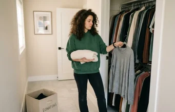Why the One-In-One-Out Rule Stops Working by Month 3 Woman holding two items deciding which to keep under the one-in-one-out decluttering rule
