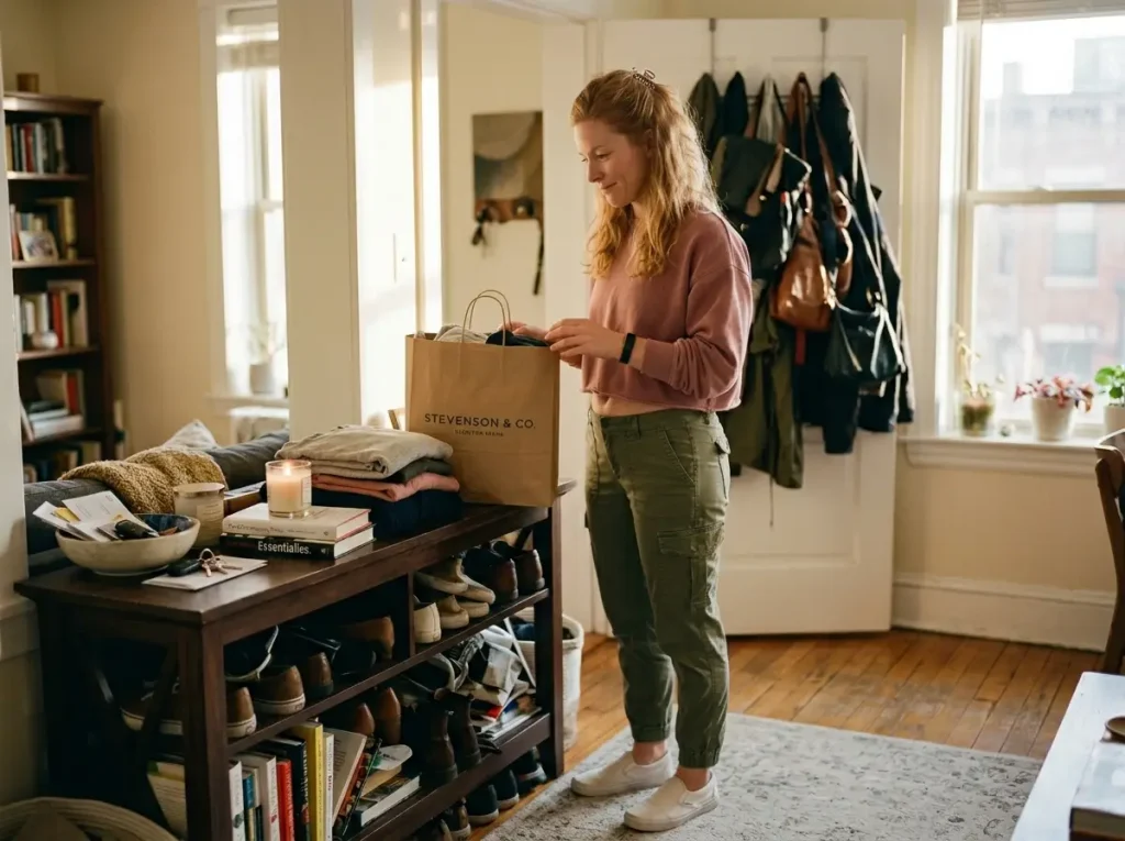 Why the One-In-One-Out Rule Stops Working by Month 3 5 Woman looking at new shopping bag beside a full shelf realizing the outgoing item was never removed