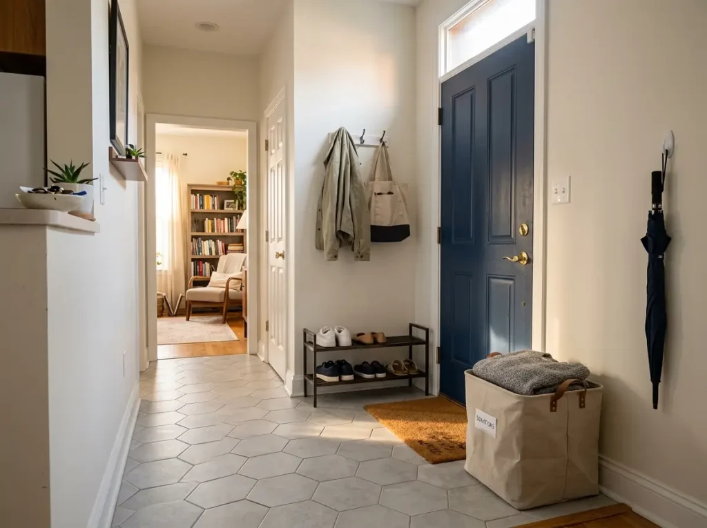 Why the One-In-One-Out Rule Stops Working by Month 3 6 Labeled collapsible donation bin near apartment front door as staging zone for outgoing items