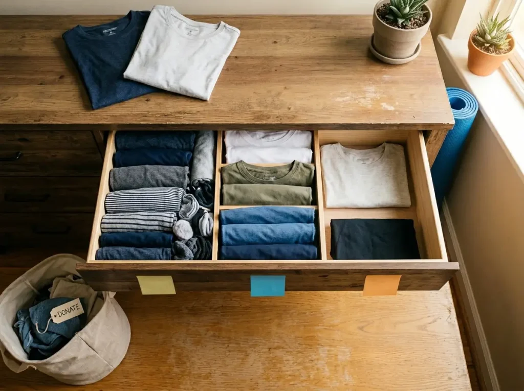 Why the One-In-One-Out Rule Stops Working by Month 3 4 Three stages of a drawer being decluttered from full to nearly empty using the OIOO variations