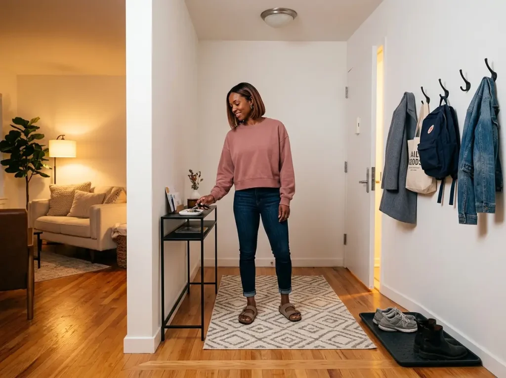 Open floor plan entryway zone with rug, console table, and hooks creating a defined space near front door