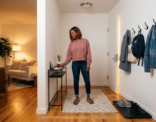 Why Your Open Floor Plan Entryway Keeps Falling Apart Open floor plan entryway zone with rug, console table, and hooks creating a defined space near front door