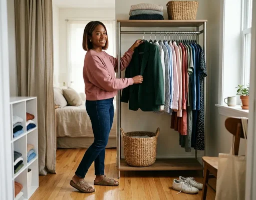 How to Organize Clothes Without a Closet That Stays Neat Woman organizing clothes without a closet on an open garment rack in a bright bedroom