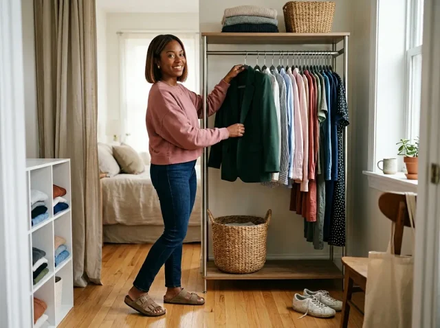 Woman organizing clothes without a closet on an open garment rack in a bright bedroom