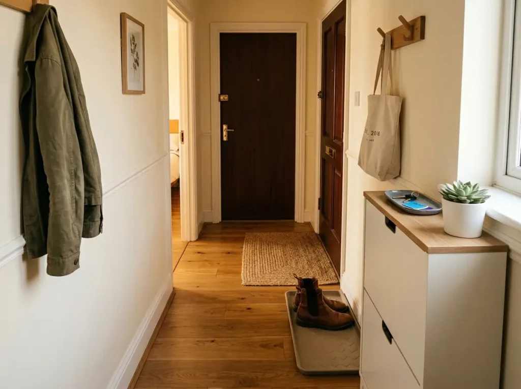 Shoe Storage Ideas for Small Spaces, Room by Room 11 Organized apartment entryway result after implementing three-zone shoe storage system