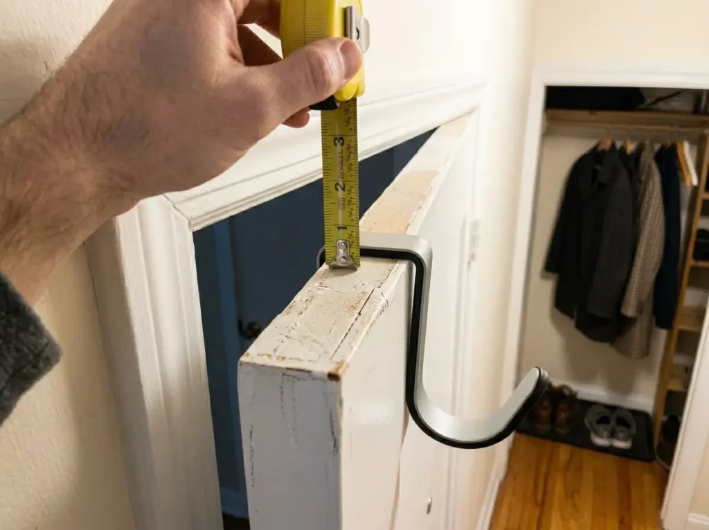 Close-up of over-door organizer hook resting on apartment door top edge showing door clearance measurement with tape measure