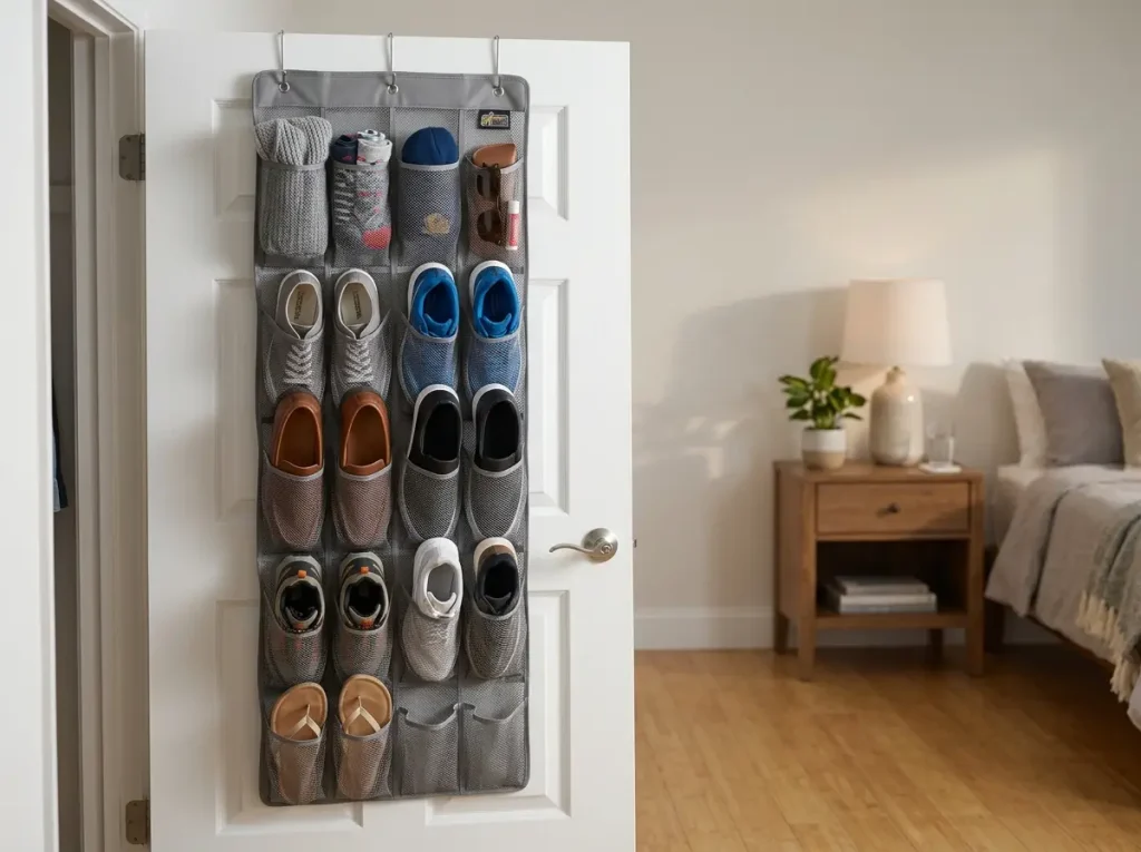 Over-door shoe organizer demonstrating proper bottom-heavy loading pattern on closet door