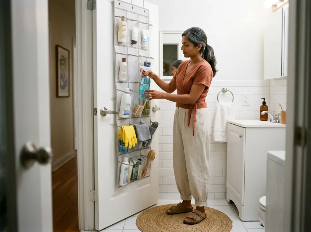 Indian American woman in her early 40s hanging cleaning supplies in over-door organizer on bathroom door