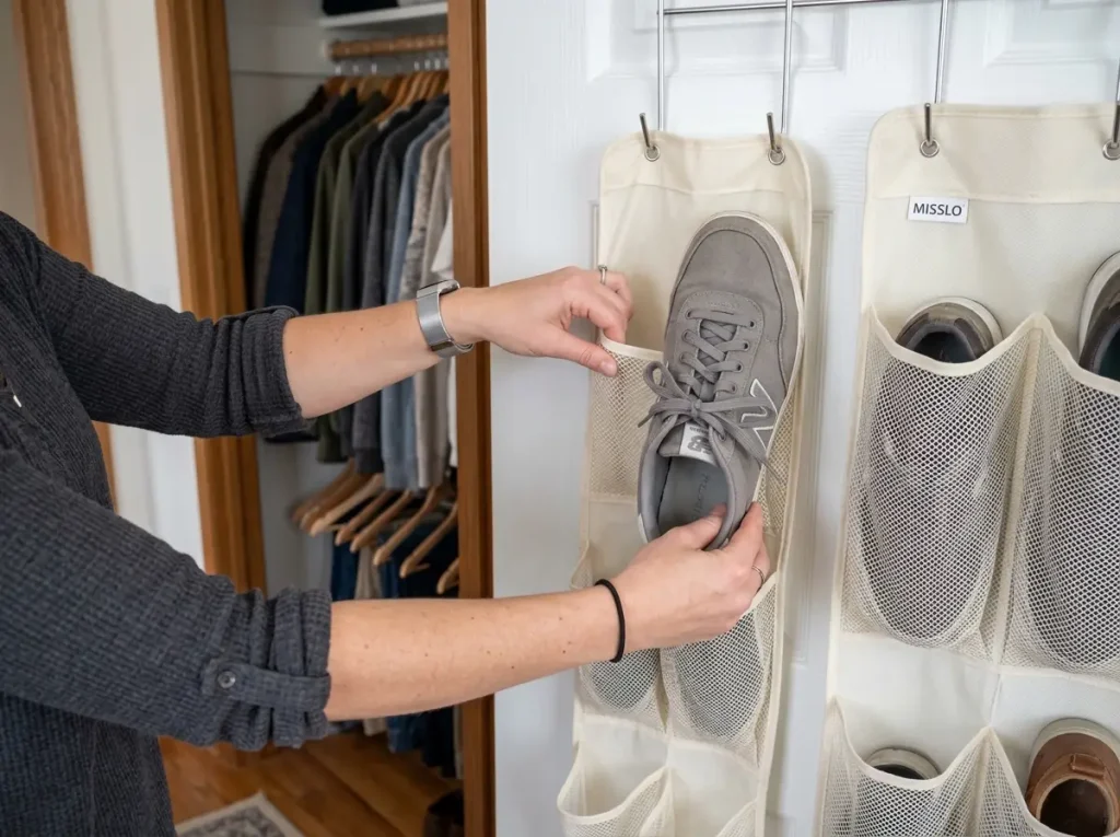 Hands comparing different over-door shoe organizer pocket depths with sneaker beside them in closet doorway