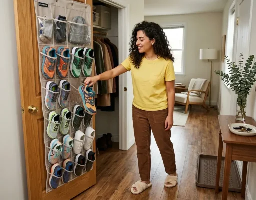 Over Door Shoe Organizer Ideas That Actually Work Italian American woman in her late 20s reaching into over-door shoe organizer on closet door in small apartment entryway