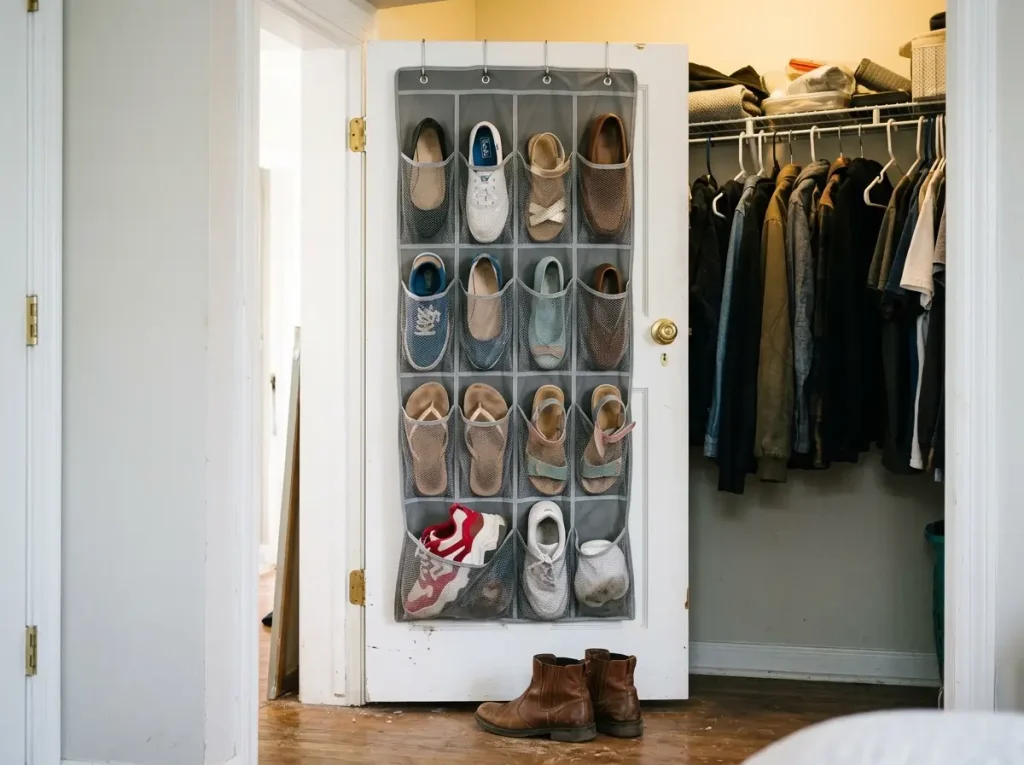 Over-Door Shoe Storage That Won't Wreck Your Door 2 Clear over-door shoe organizer pockets each holding a single pair showing realistic capacity
