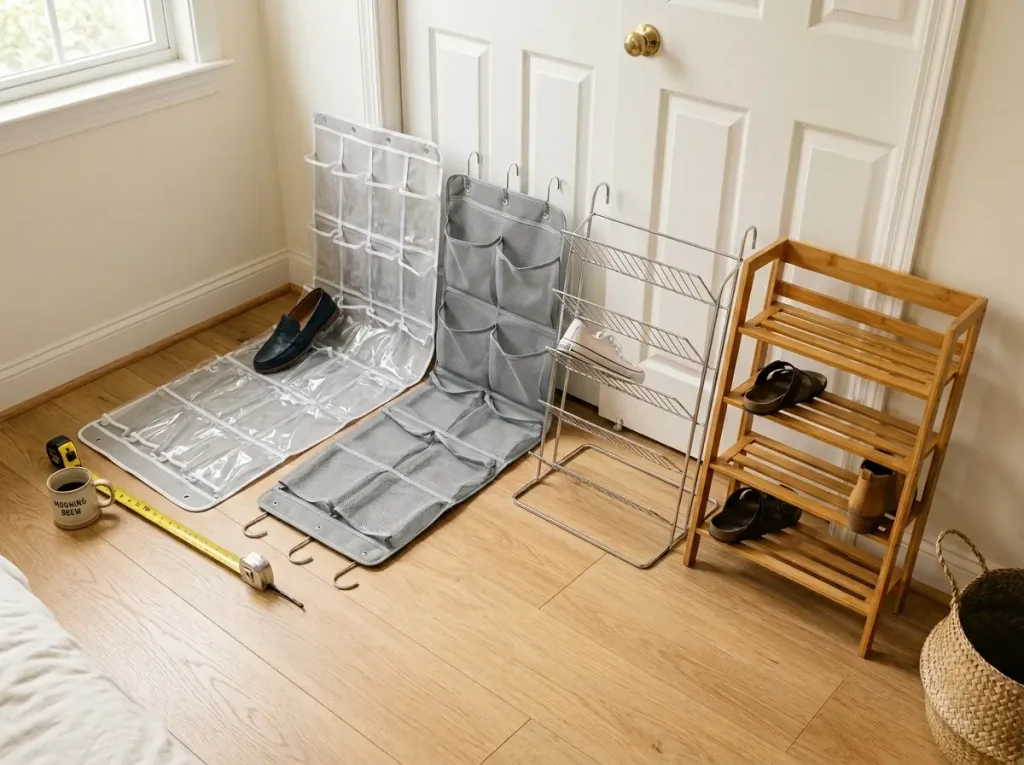 Over-Door Shoe Storage That Won't Wreck Your Door 3 Different over-door shoe organizer types compared side by side including fabric pockets and a wire rack