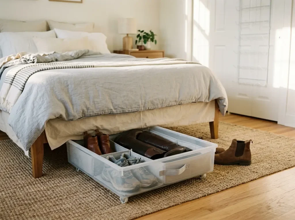 Over-Door Shoe Storage That Won't Wreck Your Door 8 Under-bed shoe storage bin pulled out as an alternative to an over-door organizer for boots