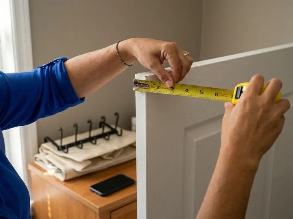 Over-Door Shoe Storage That Won't Wreck Your Door 1 Close-up of hands measuring the thickness of a door edge with a tape measure before hanging a shoe rack