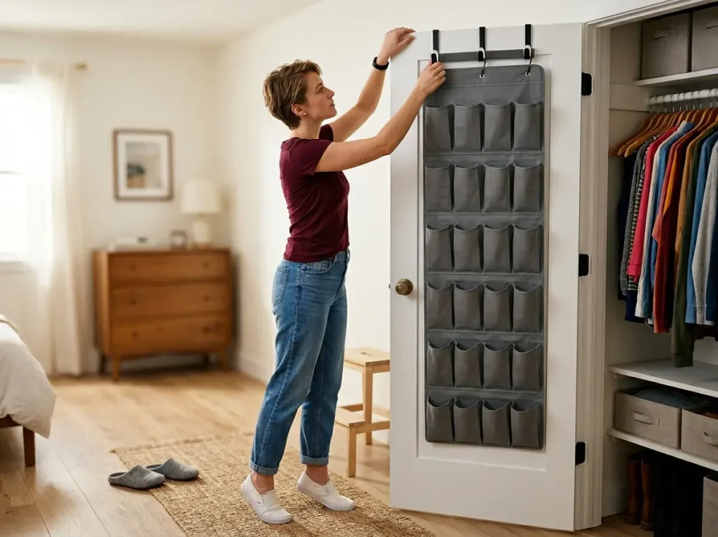 Over-Door Shoe Storage That Won't Wreck Your Door 5 Woman hanging a fabric over-door shoe organizer using padded hooks with felt protectors on the door top